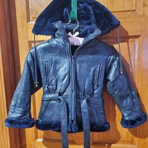 Wilda Kids Genuine Leather Bomber style Jacket Hooded Thick Lined Blue